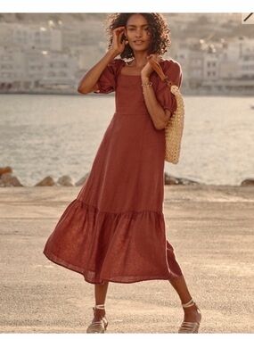 New Garnet Hill Linen Puff Sleeve Midi Dress Marsala tiered burgundy XL